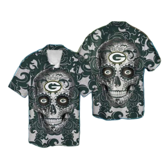 Sugar Skull Green Bay Packers Day Of The Dead Hawaiian Shirt - Moonbestprint