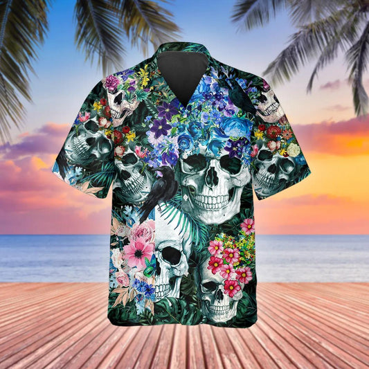 Summer Floral Skull Hawaiian Shirt, Hawaiian Button Up Shirt, Tropical Shirts For Men Moonbestprint