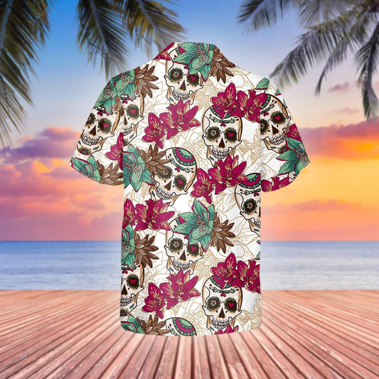 Summer Sugar Skull Hawaiian Shirt, Hawaiian Button Up Shirt, Tropical Shirts For Men Moonbestprint