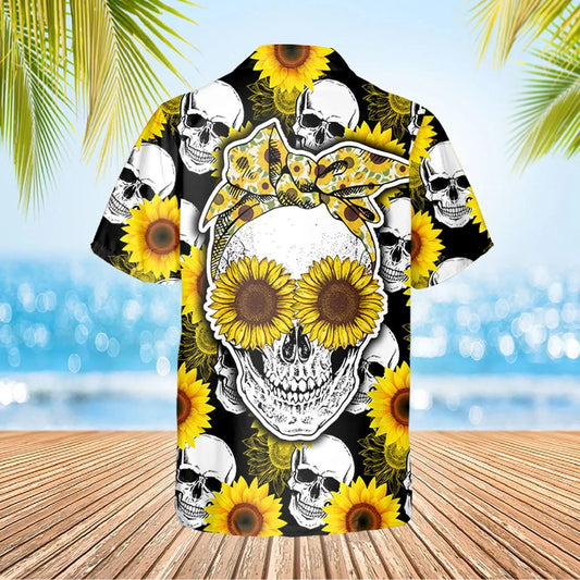 Sunflower Skull Hawaiian Shirt, Hawaiian Button Up Shirt, Tropical Shirts For Men Moonbestprint