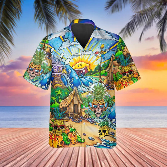 Sunny Village Beach Skull Hawaiian Shirt, Hawaiian Button Up Shirt, Tropical Shirts For Men Moonbestprint