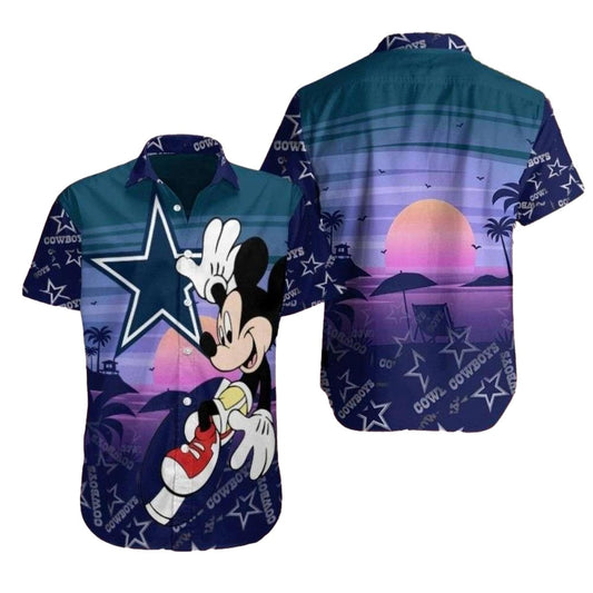 Sunset Palm Silhouette And Mickey Dallas Cowboys Hawaiian Shirt - Moonbestprint