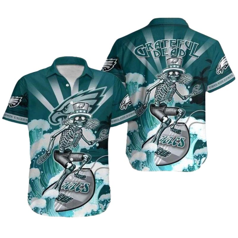 Philadelphia Eagles Grateful Dead Tribute Surf's Up Skeleton Hawaiian Shirt - Moonbestprint