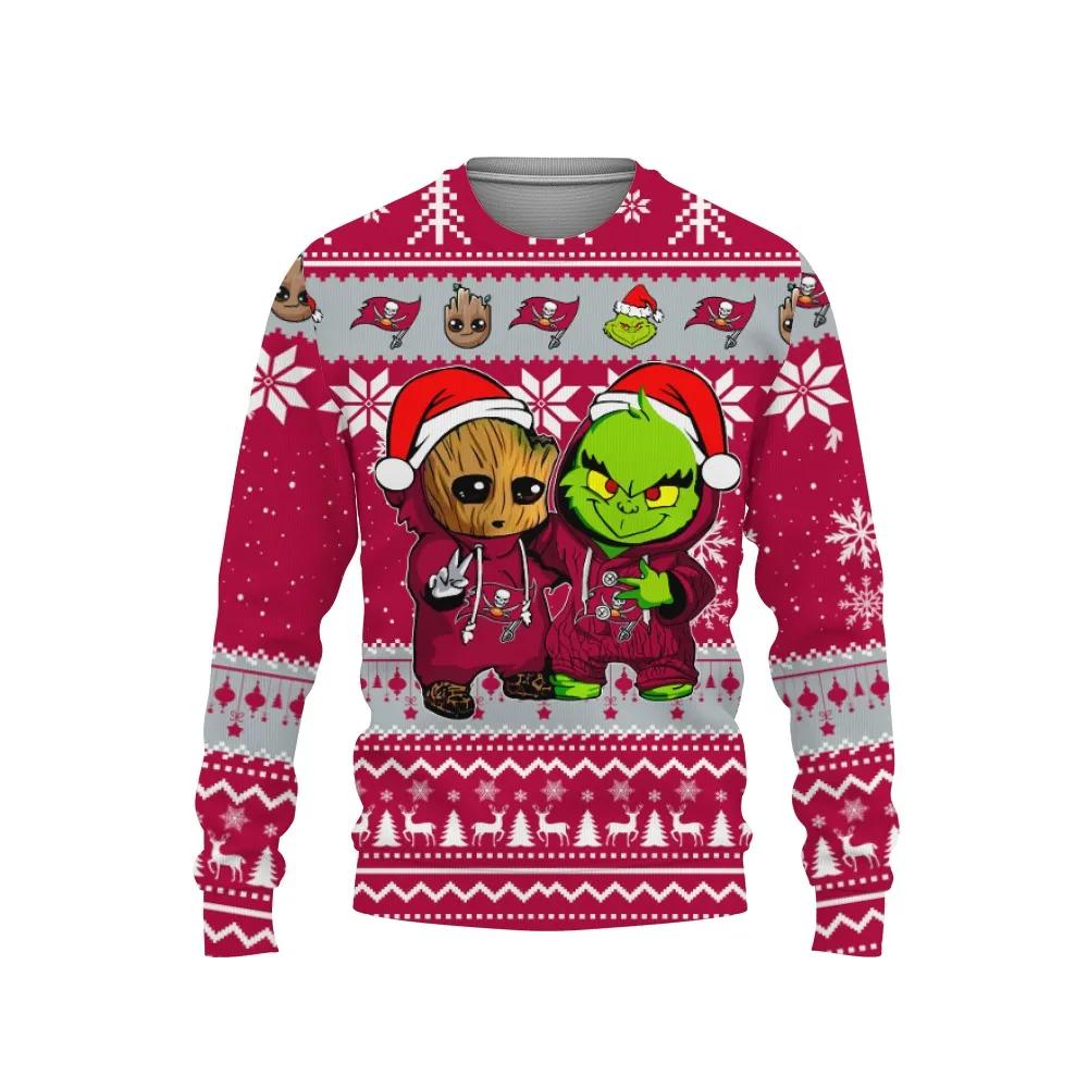 Tampa Bay Buccaneers Baby Groot And Grinch Best Friends Ugly Christmas Sweater, NFL Christmas Sweater Moonbestprint