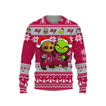 Tampa Bay Buccaneers Baby Groot And Grinch Best Friends Ugly Christmas Sweater, NFL Christmas Sweater Moonbestprint
