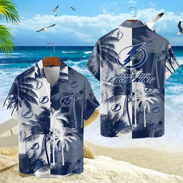 Tampa Bay Lightning NHL Team Colors Tropical Palm Trees And Team Logo 3D Hawaiian Shirt, NHL Hawaiian Shirt Moonbestprint