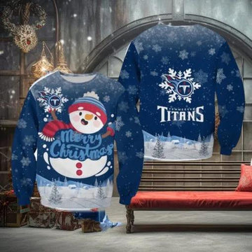 Tennessee Titans Christmas Snowman Cabin Ugly Christmas Sweater, NFL Chritsmas Sweater Moonbestprint