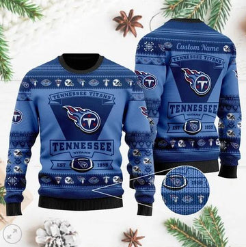 Tennessee Titans Football Team Logo Custom Name Ugly Christmas Sweater, NFL Christmas Sweater Moonbestprint