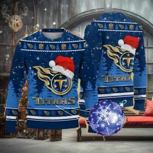 Tennessee Titans Logo Golden Fans Santa Hat Ugly Christmas Sweater, NFL Chritsmas Sweater Moonbestprint