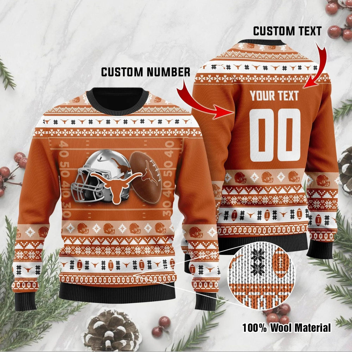 Texas Longhorns Personalized Ugly Christmas Sweater, NCAA Christmas Sweater Moonbestprint