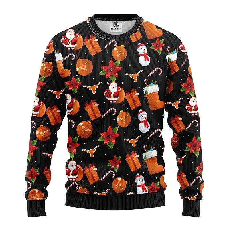 Texas Longhorns Santa Claus Snowman Ugly Christmas Sweater, NCAA Christmas Sweater Moonbestprint
