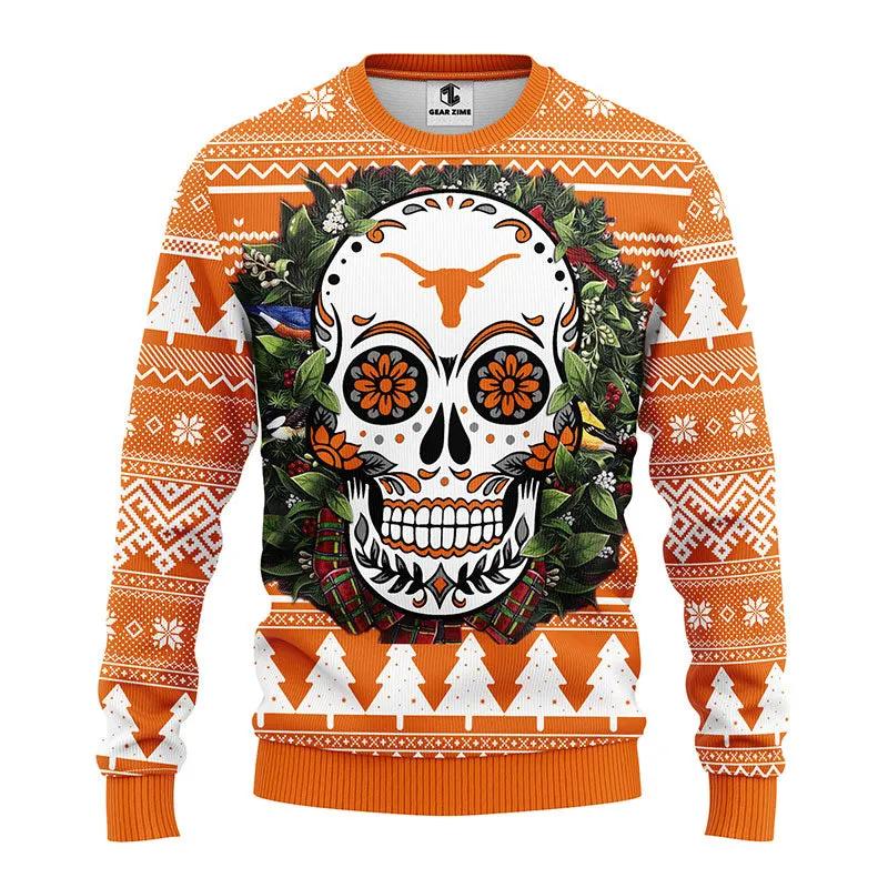 Texas Longhorns Skull Flower Ugly Christmas Sweater, NCAA Christmas Sweater Moonbestprint