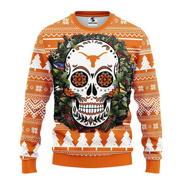 Texas Longhorns Skull Flower Ugly Christmas Sweater, NCAA Christmas Sweater Moonbestprint