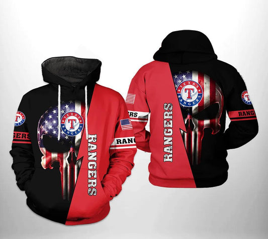 Texas Rangers MLB US Flag Skull 3D Hoodie, MLB Hoodie Moonbestprint