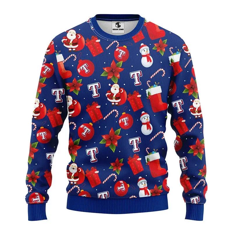 Texas Rangers Santa Claus Snowman Ugly Christmas Sweater, MLB Christmas Sweater Moonbestprint