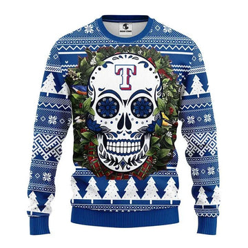 Texas Rangers Skull Flower Ugly Christmas Sweater, MLB Christmas Sweater Moonbestprint