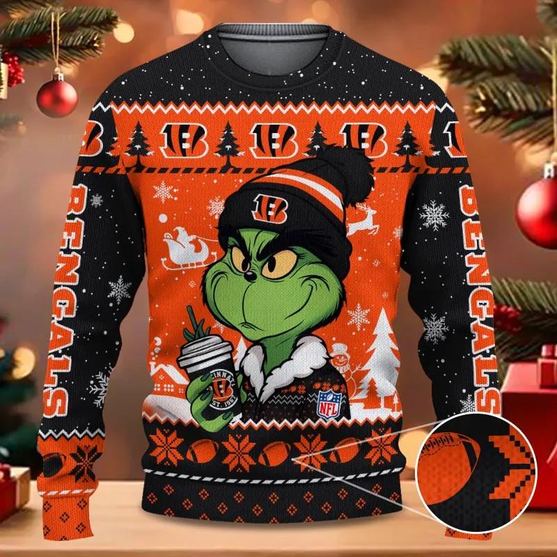 The Grinch Drink Coffee Cincinnati Bengals Ugly Christmas Sweater, NFL Christmas Sweater Moonbestprint