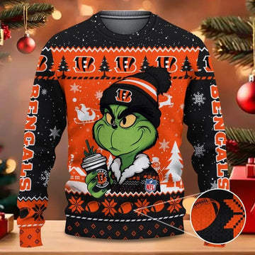 The Grinch Drink Coffee Cincinnati Bengals Ugly Christmas Sweater, NFL Christmas Sweater Moonbestprint
