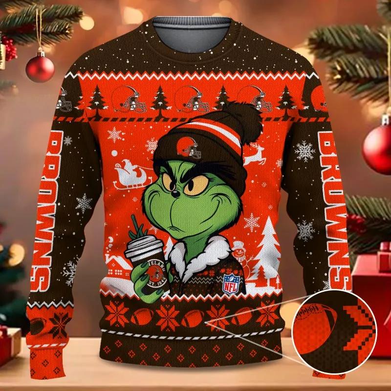 The Grinch Drink Coffee Cleveland Browns Ugly Christmas Sweater, NFL Christmas Sweater Moonbestprint