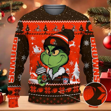 The Grinch Drink Coffee Cleveland Browns Ugly Christmas Sweater, NFL Christmas Sweater Moonbestprint