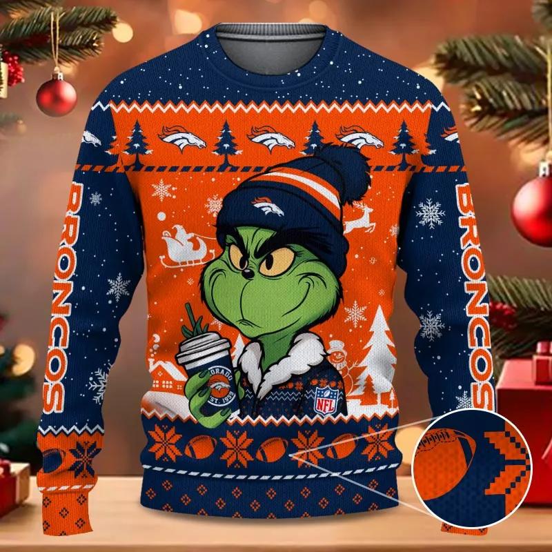 The Grinch Drink Coffee Denver Broncos Ugly Christmas Sweater, NFL Christmas Sweater Moonbestprint