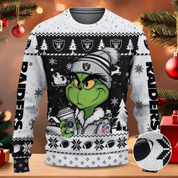 The Grinch Drink Coffee Las Vegas Raiders Ugly Christmas Sweater, NFL Christmas Sweater Moonbestprint