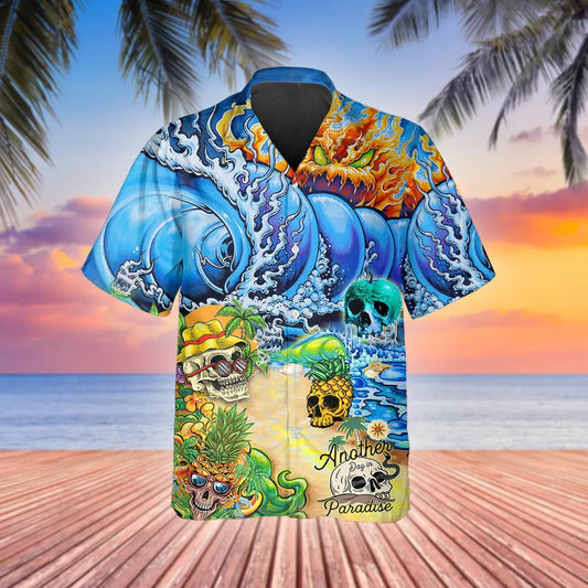 Tidal Wave Beach Skull Hawaiian Shirt, Hawaiian Button Up Shirt, Tropical Shirts For Men Moonbestprint