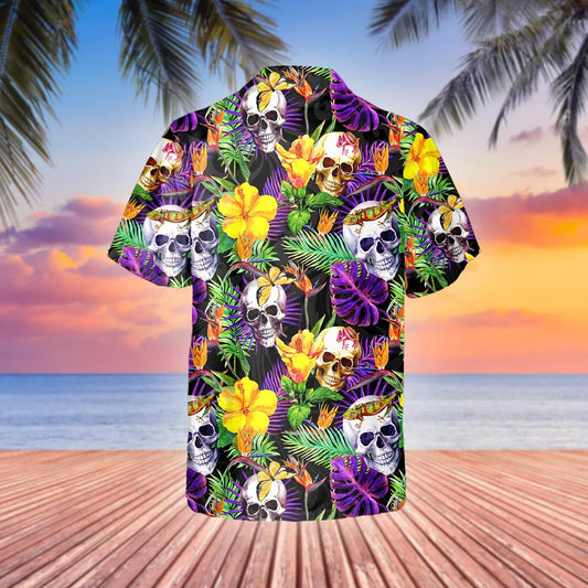 Tropical Floral Skull Hawaiian Shirt, Hawaiian Button Up Shirt, Tropical Shirts For Men Moonbestprint