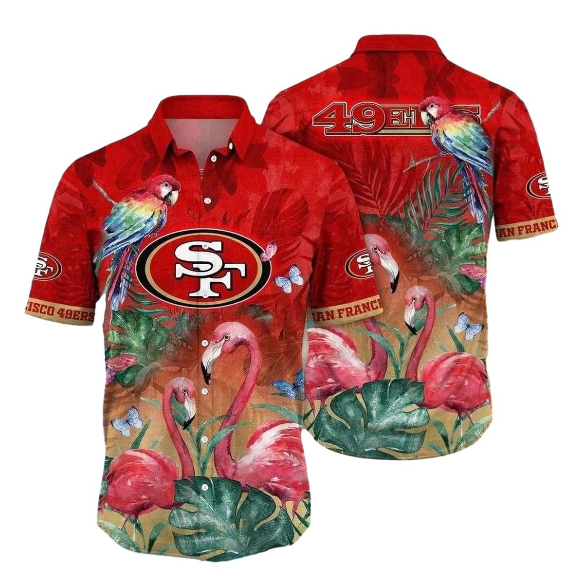 Tropical Parrot And Flamingo San Francisco 49ers Hawaiian Shirt - Moonbestprint