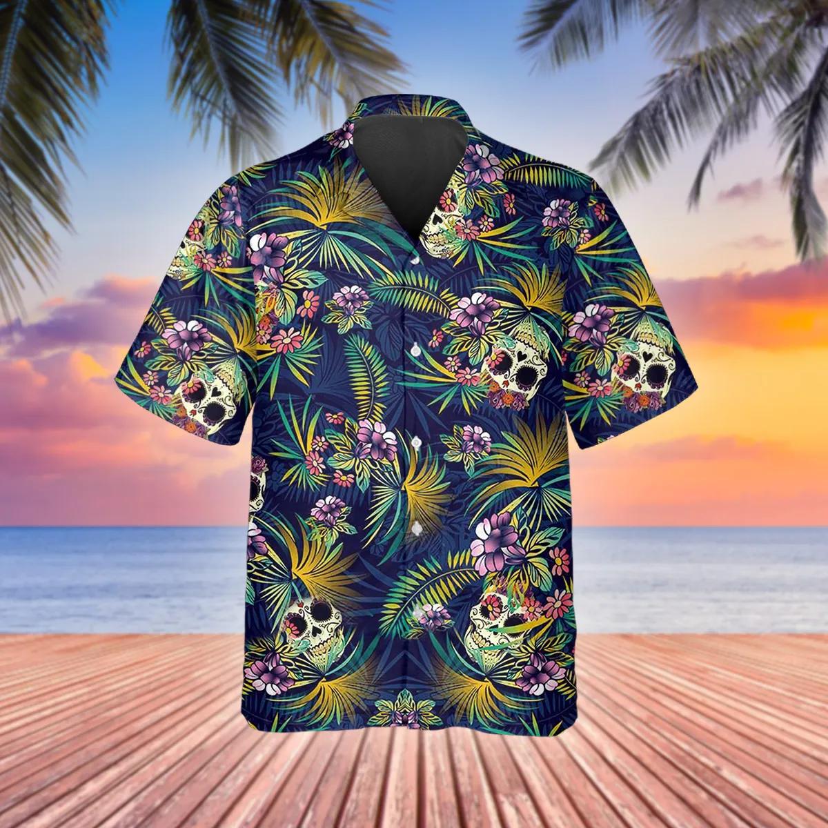 Tropical Sugar Skull Hawaiian Shirt, Hawaiian Button Up Shirt, Tropical Shirts For Men Moonbestprint