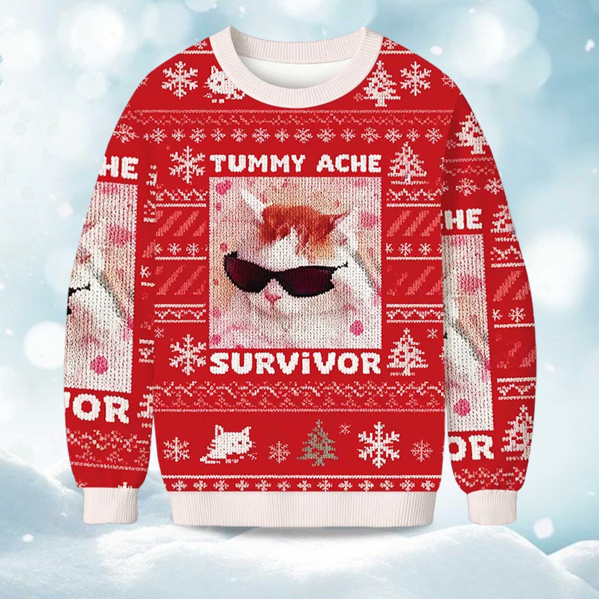2026 Tummy Ache Survivor Funny Cat Christmas Ugly Sweater Moonbestprint