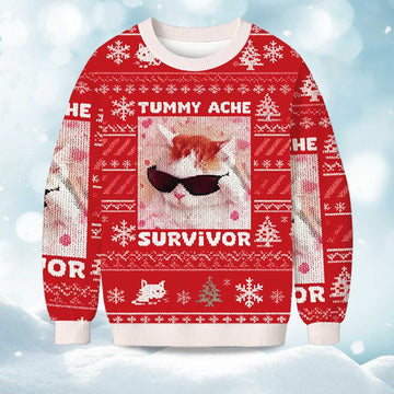 2026 Tummy Ache Survivor Funny Cat Christmas Ugly Sweater Moonbestprint