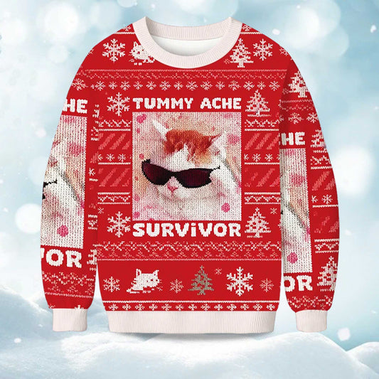 2026 Tummy Ache Survivor Funny Cat Christmas Ugly Sweater Moonbestprint