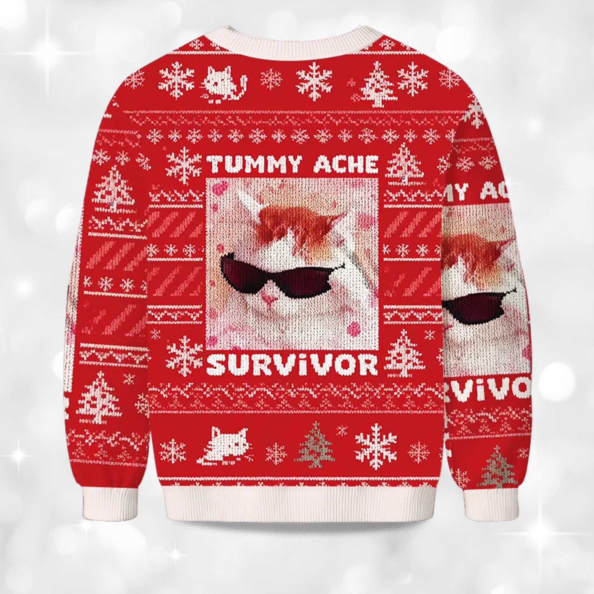 2026 Tummy Ache Survivor Funny Cat Christmas Ugly Sweater Moonbestprint