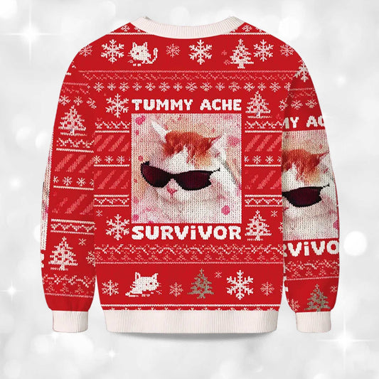 2026 Tummy Ache Survivor Funny Cat Christmas Ugly Sweater Moonbestprint