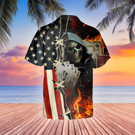USA Poker Skull Hawaiian Shirt, Hawaiian Button Up Shirt, Aloha Shirts Moonbestprint