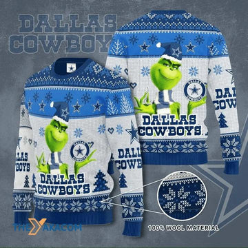 Ugly Christmas Sweater Dallas Cowboys, The Grinch Dallas Cowboys Ugly Xmas Sweater Moonbestprint