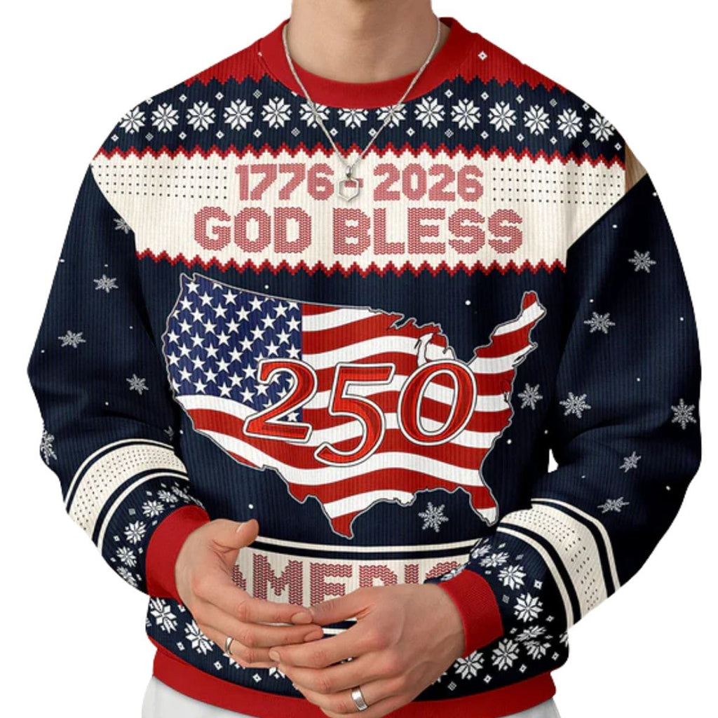 Unisex 1776-2026 God Bless America 250th Ugly Christmas Sweater for Patriotic Fans – Moonbestprint