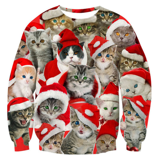 Unisex Cat Print Ugly Christmas Sweatshirt - Moonbestprint