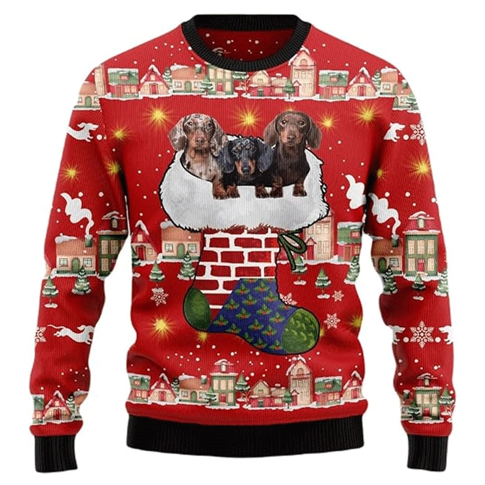Unisex Christmas Dachshund Through The Snow 3D Print Cute Sausage Dog Ugly Sweatshirt - Moonbestprint