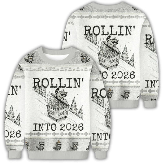 Unisex Funny Raccoon Rollin’ Into 2026 Christmas Ugly Sweater for Christmas Fans – Moonbestprint