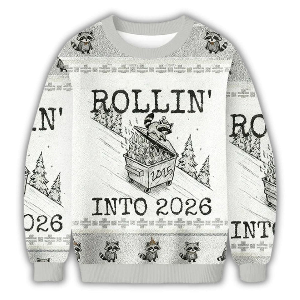 Unisex Funny Raccoon Rollin’ Into 2026 Christmas Ugly Sweater for Christmas Fans – Moonbestprint