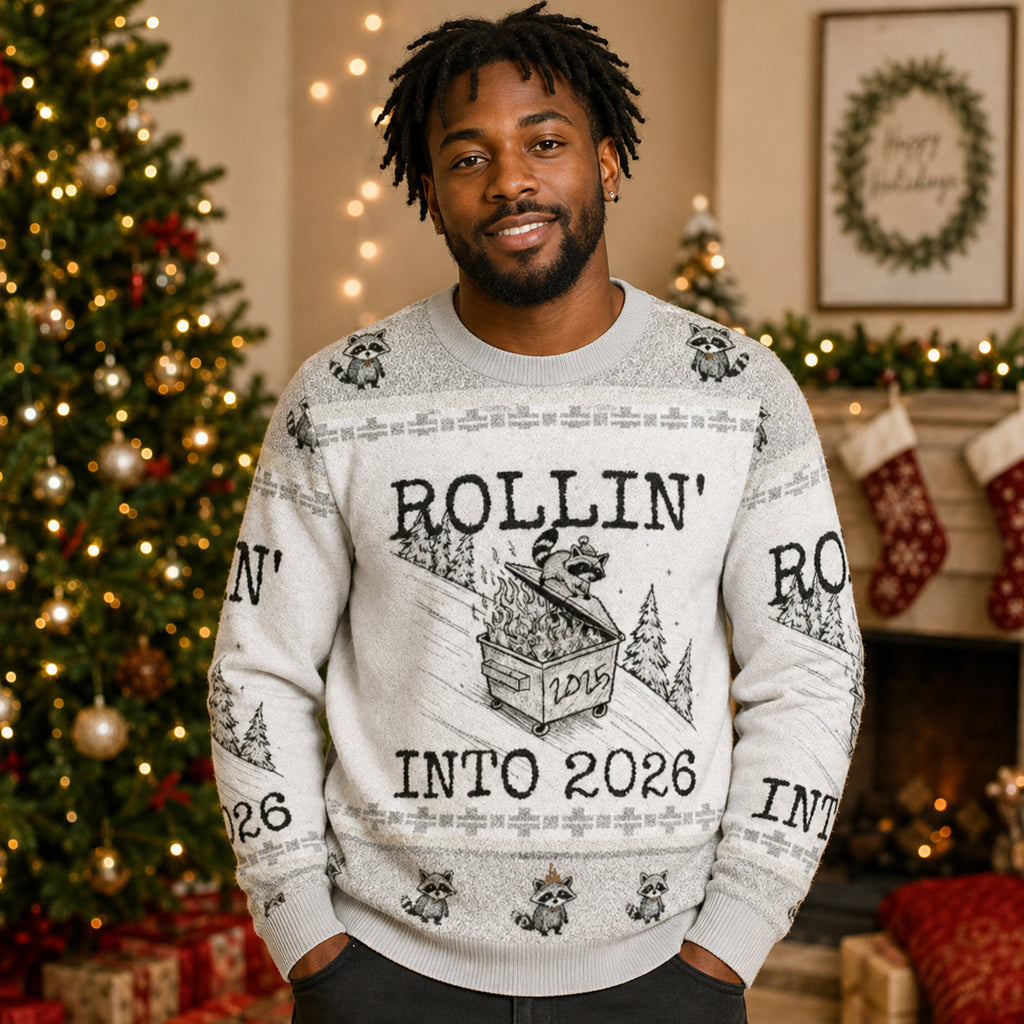 Unisex Funny Raccoon Rollin’ Into 2026 Christmas Ugly Sweater for Christmas Fans – Moonbestprint