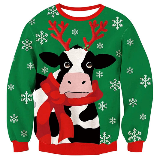 Unisex Milk Cow Print Round Neck Ugly Christmas Sweatshirt - Moonbestprint