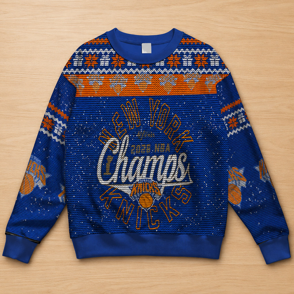 Unisex New York Knicks Champions 2026 Ugly Christmas Sweater for Basketball Fans – Moonbestprint