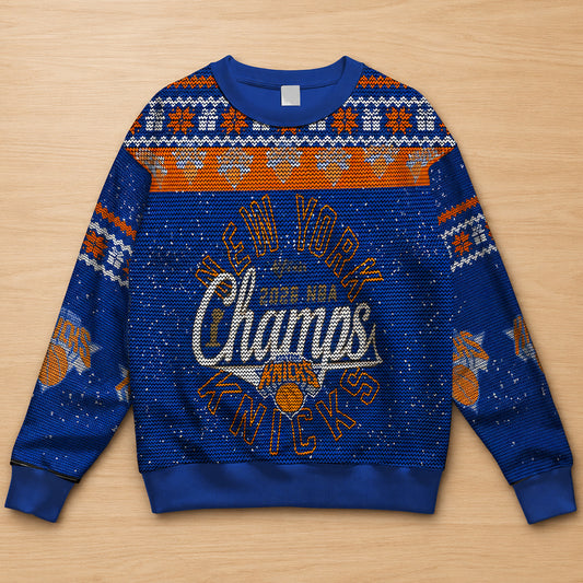 Unisex New York Knicks Champions 2026 Ugly Christmas Sweater for Basketball Fans – Moonbestprint