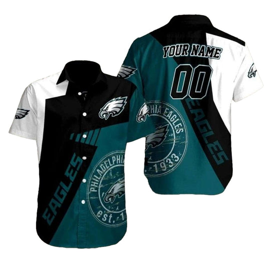 Personalized Vintage Eagles Crest Color Block Black White And Green Hawaiian Shirt - Moonbestprint