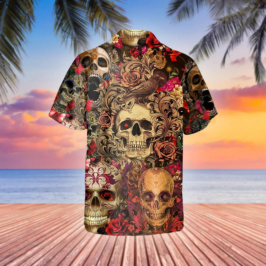Vintage Flower Skull Hawaiian Shirt, Hawaiian Button Up Shirt, Aloha Shirts Moonbestprint