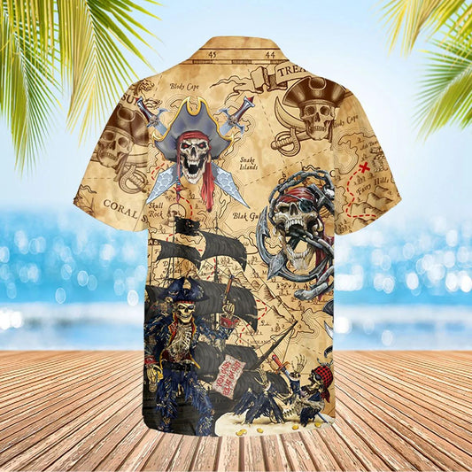 Vintage Pirate Skull Hawaiian Shirt, Hawaiian Button Up Shirt, Aloha Shirts Moonbestprint