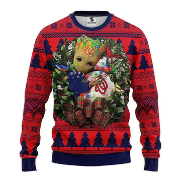 Washington Nationals Groot Hug Ugly Christmas Sweater, MLB Christmas Sweater Moonbestprint